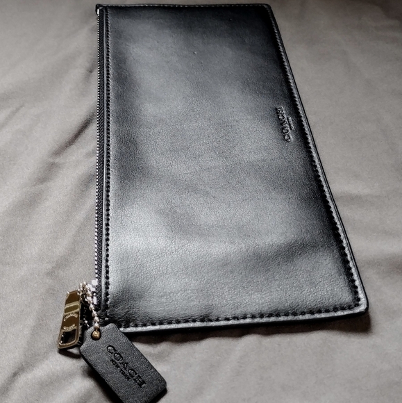 🩶 Coach Sleek Black Leather Skinny Wristlet Wallet Clutch Pouch Bag - Picture 7 of 11